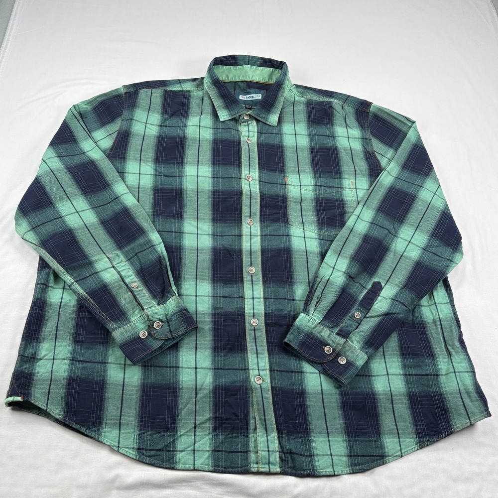 32 Bar Blues Shirt Mens 3XL Green Blue Plaid Button Up Long Sleeve Cotton Casual